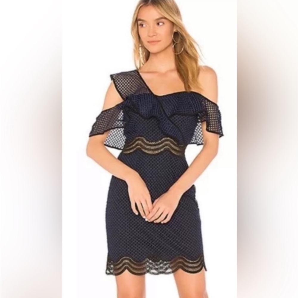 Saylor Luca Mini One Shoulder Navy Mesh Dress Size Small